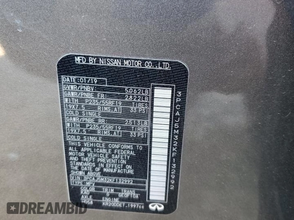 2019 Infiniti QX50 Essential with VIN 3PCAJ5M32KF132992, listed as a Copart auction lot 52407315 with 67,441 mi miles and Salvage Title. Bid and sale history available at DreamBid. Image 14.