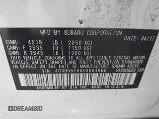 2017 Subaru Legacy Premium with VIN 4S3BNAF68H3064860, listed as a IAAI auction lot 42739014 with 230,800 mi miles and . Bid and sale history available at DreamBid. Image 9.
