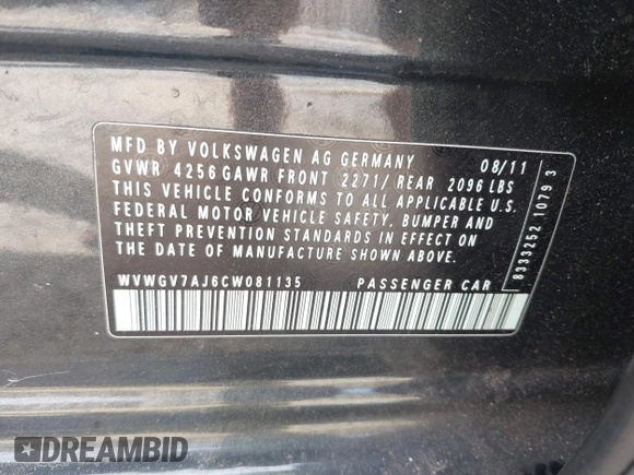 2012 Volkswagen GTI Autobahn z VIN WVWGV7AJ6CW081135, wystawiony jako IAAI lot #42036593 z przebiegiem 159 746 mil mil oraz . Historia ofert i sprzedaży dostępna na DreamBid. Obrazek 9.