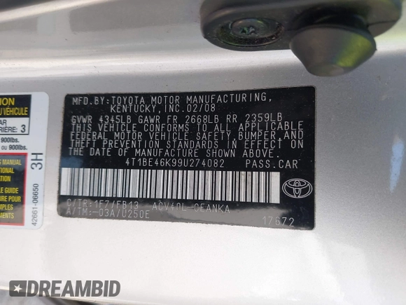 2009 Toyota Camry z VIN 4T1BE46K99U274082, wystawiony jako IAAI lot #42419700 z przebiegiem 124 552 mil mil oraz . Historia ofert i sprzedaży dostępna na DreamBid. Obrazek 9.