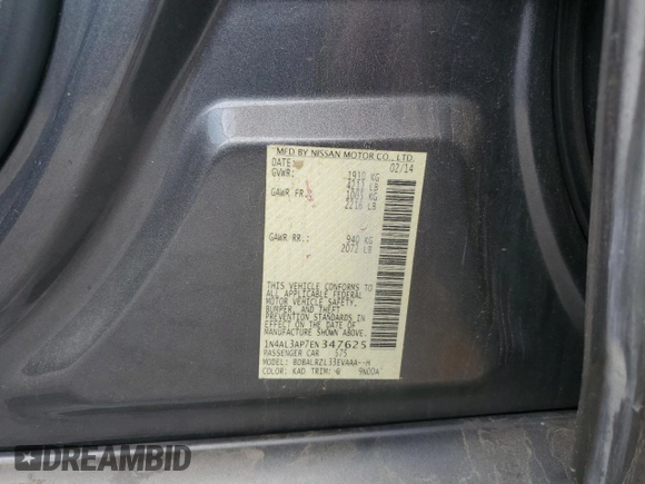 2014 Nissan Altima S with VIN 1N4AL3AP7EN347625, listed as a Copart auction lot 54715155 with 238,637 mi miles and Salvage Title. Bid and sale history available at DreamBid. Image 12.
