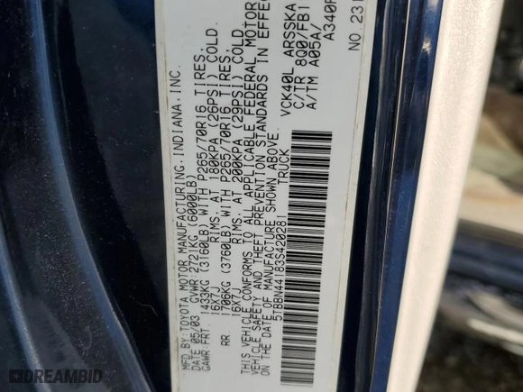 2003 Toyota Tundra SR5 with VIN 5TBBN44183S420281, listed as a Copart auction lot 84076214 with 187,734 mi miles and Salvage Title. Bid and sale history available at carsss.com. Image 14.