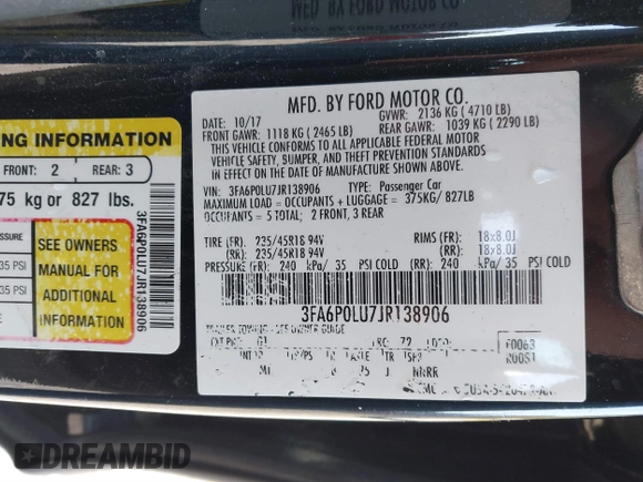 2018 Ford Fusion SE with VIN 3FA6P0LU7JR138906, listed as a IAAI auction lot 41573985 with 127,660 mi miles and . Bid and sale history available at DreamBid. Image 9.