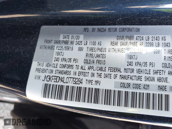 2020 Mazda CX-5 Grand Touring with VIN JM3KFBDM4L0779284, listed as a IAAI auction lot 42060936 with 9,227 mi miles. Bid and sale history available at carsss.com. Image 9.