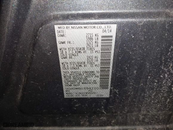 2014 Nissan Pathfinder S with VIN 5N1AR2MM9EC694210, listed as a IAAI auction lot 41651478 with 151,268 mi miles. Bid and sale history available at carsss.com. Image 9.