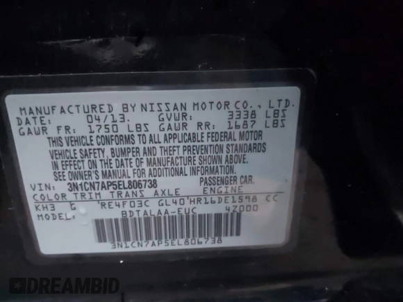 2014 Nissan Versa SV with VIN 3N1CN7AP5EL806738, listed as a IAAI auction lot 41181362 with 133,114 mi miles and . Bid and sale history available at carsss.com. Image 9.