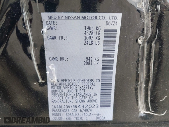 2024 Nissan Altima SV with VIN 1N4BL4DV7RN432023, listed as a IAAI auction lot 42411567 with 22,958 mi miles and . Bid and sale history available at DreamBid. Image 9.