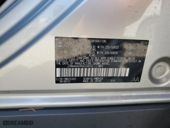 2024 Toyota bZ4X XLE with VIN JTMAAAAA9RA034833, listed as a Copart auction lot 74378904 with 3,736 mi miles and Non Repairable. Bid and sale history available at carsss.com. Image 14.