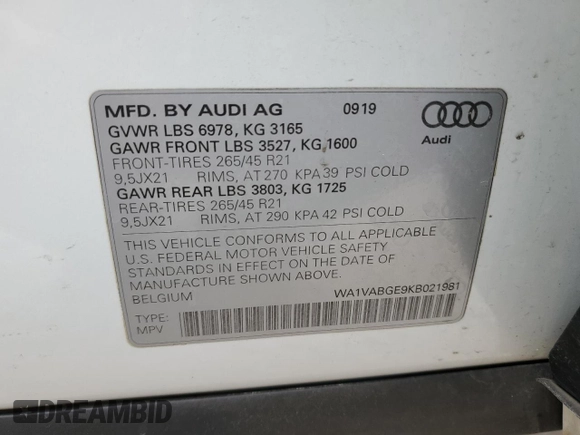 2019 Audi e-tron Prestige with VIN WA1VABGE9KB021981, listed as a Copart auction lot 50371845 with 46,624 mi miles and Salvage Title. Bid and sale history available at carsss.com. Image 13.