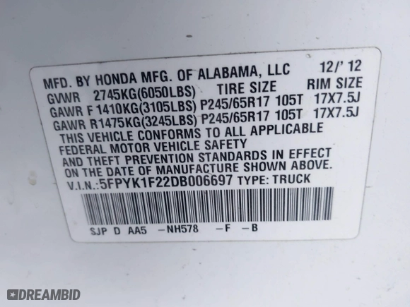 2013 Honda Ridgeline RT with VIN 5FPYK1F22DB006697, listed as a IAAI auction lot 41421707 with 233,724 mi miles. Bid and sale history available at carsss.com. Image 9.