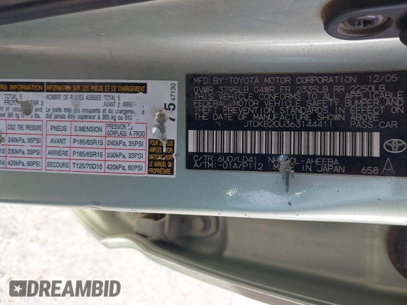 2006 Toyota Prius with VIN JTDKB20U363144411, listed as a IAAI auction lot 41850868 with Not Provided miles. Bid and sale history available at carsss.com. Image 9.