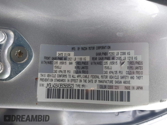 2006 Mazda MPV LX with VIN JM3LW28A360568523, listed as a IAAI auction lot 41957783 with 151,606 mi miles and . Bid and sale history available at DreamBid. Image 9.
