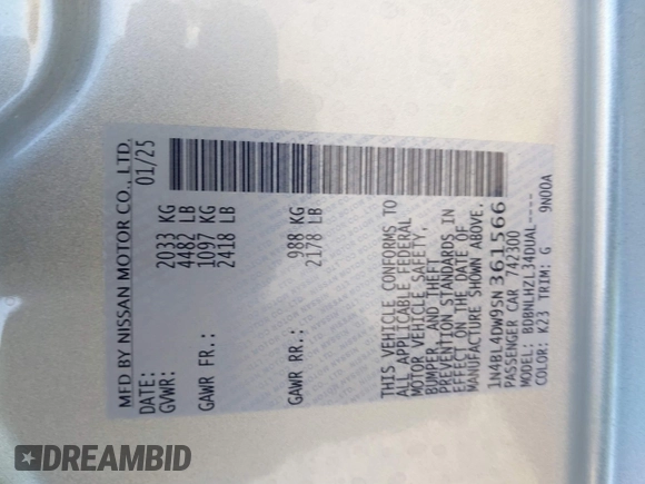 2025 Nissan Altima SV with VIN 1N4BL4DW9SN361566, listed as a IAAI auction lot 41675964 with 1,070 mi miles and . Bid and sale history available at DreamBid. Image 9.