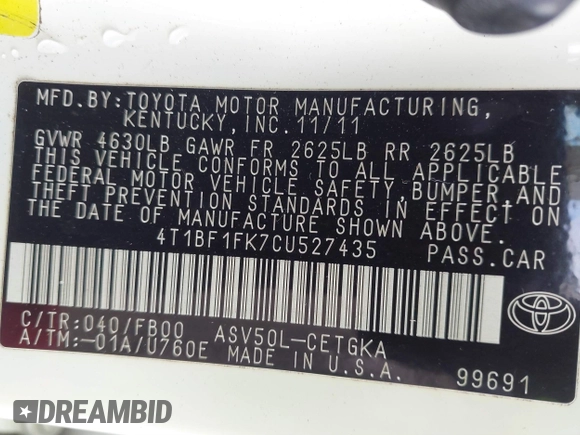 2012 Toyota Camry L with VIN 4T1BF1FK7CU527435, listed as a IAAI auction lot 41143690 with 206,665 mi miles. Bid and sale history available at carsss.com. Image 9.