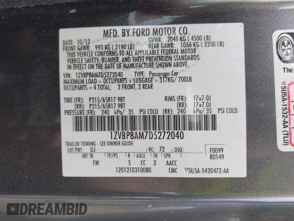 2013 Ford Mustang V6 with VIN 1ZVBP8AM7D5272040, listed as a IAAI auction lot 42407314 with 64,258 mi miles and . Bid and sale history available at DreamBid. Image 9.