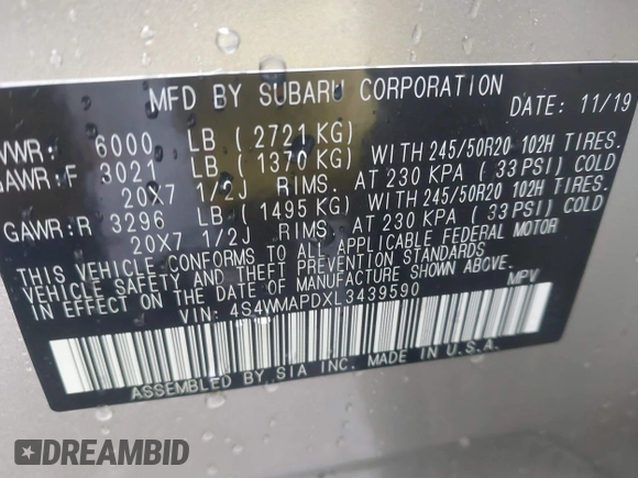 2020 Subaru Ascent Limited with VIN 4S4WMAPDXL3439590, listed as a IAAI auction lot 41680829 with 81,366 mi miles and . Bid and sale history available at DreamBid. Image 9.