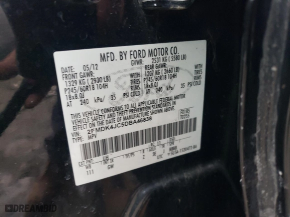 2013 Ford Edge SEL with VIN 2FMDK4JC5DBA46838, listed as a Copart auction lot 41922045 with 106,195 mi miles and Salvage Title. Bid and sale history available at carsss.com. Image 14.