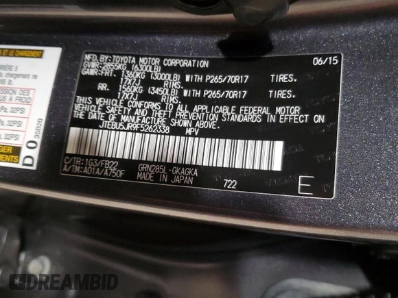 2015 Toyota 4Runner Limited with VIN JTEBU5JR9F5262338, listed as a Copart auction lot 52202995 with 208,553 mi miles and Salvage Title. Bid and sale history available at DreamBid. Image 13.