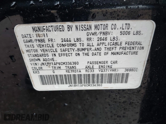 2012 Infiniti M37 with VIN JN1BY1AP6CM334360, listed as a IAAI auction lot 41475005 with 179,360 mi miles. Bid and sale history available at carsss.com. Image 9.