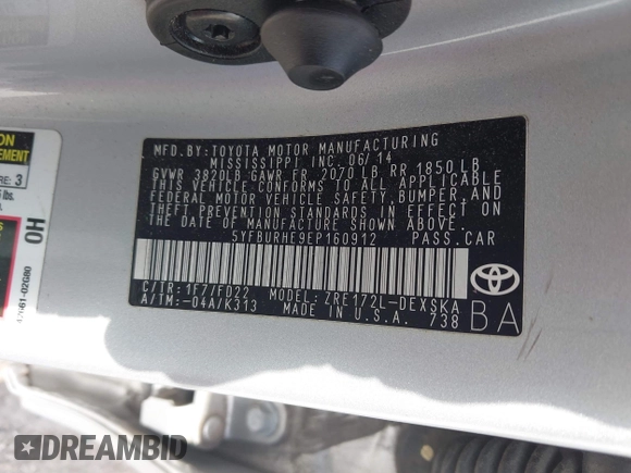 2014 Toyota Corolla L with VIN 5YFBURHE9EP160912, listed as a IAAI auction lot 42159372 with 125,863 mi miles and . Bid and sale history available at DreamBid. Image 9.
