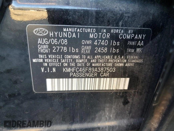 2009 Hyundai Azera Limited z VIN KMHFC46F89A387503, wystawiony jako Copart lot #42305895 z przebiegiem 180 353 mil mil oraz Szkoda całkowita • Salvage title. Historia ofert i sprzedaży dostępna na DreamBid. Obrazek 12.