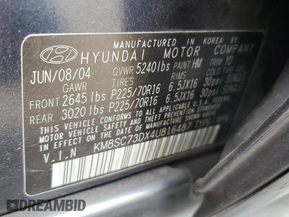 2004 Hyundai Santa Fe GLS with VIN KM8SC73DX4U816487, listed as a Copart auction lot 78977854 with 209,927 mi miles and Salvage Title. Bid and sale history available at DreamBid. Image 13.