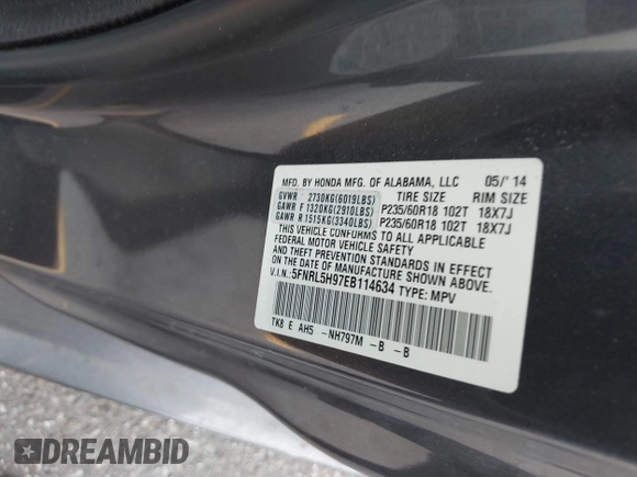 2014 Honda Odyssey Touring with VIN 5FNRL5H97EB114634, listed as a IAAI auction lot 42105220 with Not Provided miles and . Bid and sale history available at carsss.com. Image 9.