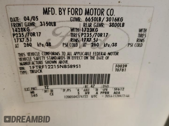 2005 Ford F-150 XL with VIN 1FTRF12215NB58951, listed as a Copart auction lot 78411914 with 0 mi miles and Salvage Title. Bid and sale history available at carsss.com. Image 12.