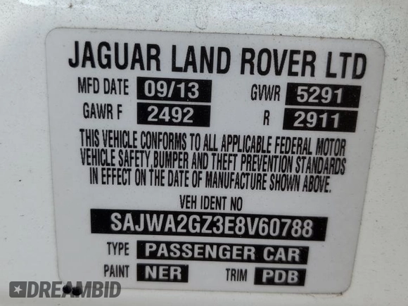 2014 Jaguar XJ Portfolio with VIN SAJWA2GZ3E8V60788, listed as a Copart auction lot 43272405 with 97,196 mi miles and Salvage title. Bid and sale history available at DreamBid. Image 14.