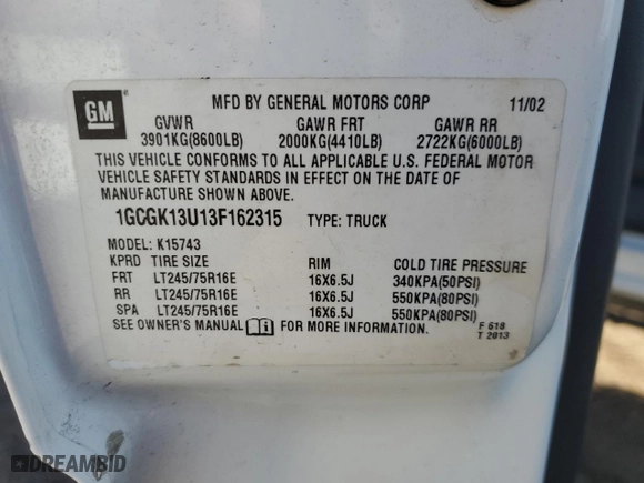 2003 Chevrolet Silverado 1500HD LS with VIN 1GCGK13U13F162315, listed as a Copart auction lot 69512854 with 210,940 mi miles and Clean Title. Bid and sale history available at carsss.com. Image 12.