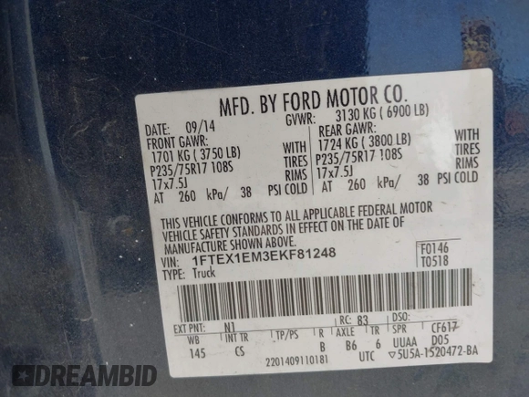 2014 Ford F-150 XL with VIN 1FTEX1EM3EKF81248, listed as a IAAI auction lot 42129740 with 93,767 mi miles and . Bid and sale history available at carsss.com. Image 9.