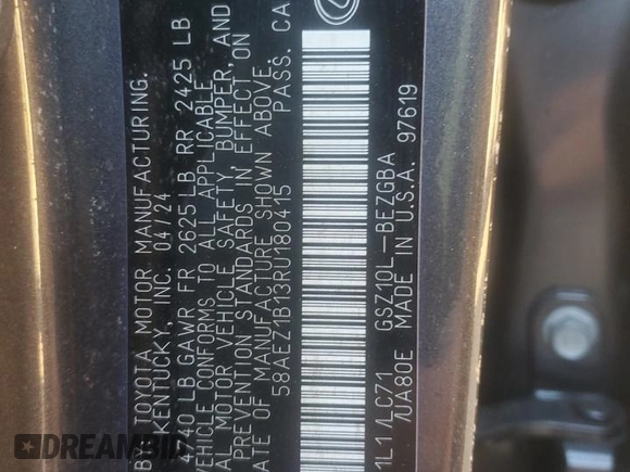 2024 Lexus ES 350 Luxury z VIN 58AEZ1B13RU180415, wystawiony jako Copart lot #76048684 z przebiegiem Nie podano mil oraz Nie do naprawy • Non repairable. Historia ofert i sprzedaży dostępna na DreamBid. Obrazek 13.
