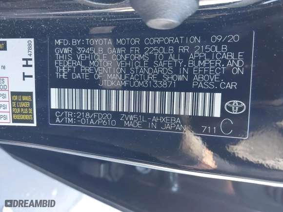 2021 Toyota Prius L Eco with VIN JTDKAMFU0M3133871, listed as a IAAI auction lot 41364847 with 66,102 mi miles. Bid and sale history available at carsss.com. Image 9.