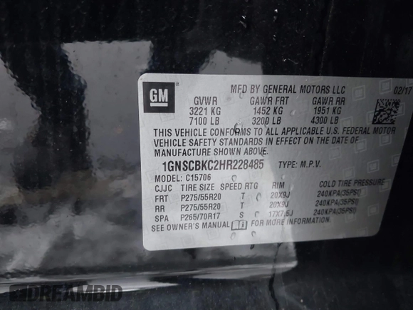 2017 Chevrolet Tahoe LT z VIN 1GNSCBKC2HR228485, wystawiony jako IAAI lot #41554330 z przebiegiem Nie podano mil oraz . Historia ofert i sprzedaży dostępna na DreamBid. Obrazek 9.