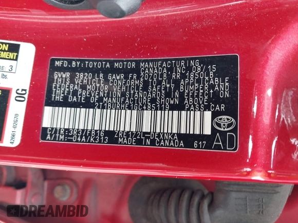 2016 Toyota Corolla L z VIN 2T1BURHE1GC485119, wystawiony jako IAAI lot #42054991 z przebiegiem 161 255 mil mil oraz . Historia ofert i sprzedaży dostępna na DreamBid. Obrazek 9.