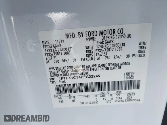 2014 Ford F-150 XL with VIN 1FTFX1CT4EFA32245, listed as a IAAI auction lot 41653333 with 179,197 mi miles. Bid and sale history available at carsss.com. Image 9.