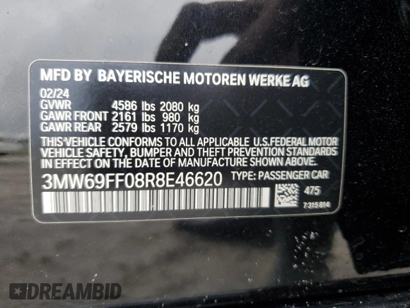 2024 BMW 3 Series 330i z VIN 3MW69FF08R8E46620, wystawiony jako Copart lot #59095945 z przebiegiem 14 609 mil mil oraz Szkoda całkowita • Salvage title. Historia ofert i sprzedaży dostępna na DreamBid. Obrazek 13.