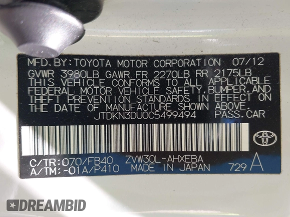 2012 Toyota Prius One with VIN JTDKN3DU0C5499494, listed as a IAAI auction lot 42071966 with 99,805 mi miles and . Bid and sale history available at DreamBid. Image 9.