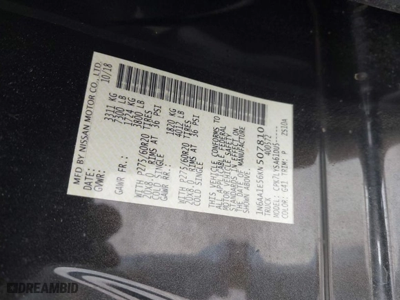 2019 Nissan Titan SV with VIN 1N6AA1E56KN507810, listed as a IAAI auction lot 41947972 with 54,059 mi miles. Bid and sale history available at carsss.com. Image 9.