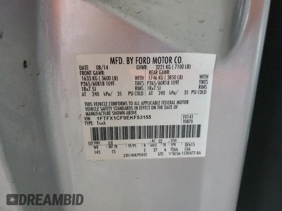 2014 Ford F-150 XL with VIN 1FTFX1CF9EKF53155, listed as a Copart auction lot 44654795 with 186,227 mi miles and Clean Title. Bid and sale history available at carsss.com. Image 12.