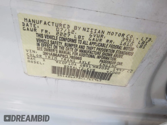 2012 Nissan Sentra SR with VIN 3N1AB6AP8CL765965, listed as a IAAI auction lot 42564529 with 128,511 mi miles and . Bid and sale history available at DreamBid. Image 9.