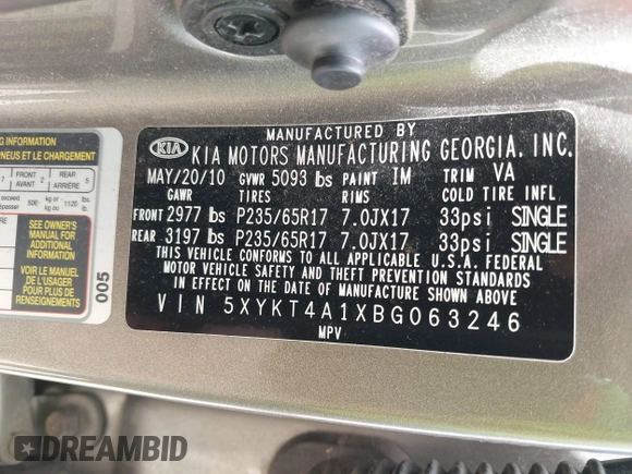2011 Kia Sorento LX with VIN 5XYKT4A1XBG063246, listed as a IAAI auction lot 42019664 with 264,937 mi miles. Bid and sale history available at carsss.com. Image 9.