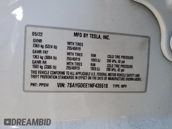 2022 Tesla Model Y Long Range z VIN 7SAYGDEE1NF435518, wystawiony jako Copart lot #48848535 z przebiegiem 41 586 mil mil oraz Szkody całkowita. Historia ofert i sprzedaży dostępna na DreamBid. Obrazek 13.