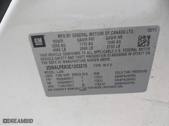 2012 Chevrolet Equinox LTZ with VIN 2GNALFEK3C1203215, listed as a IAAI auction lot 41894952 with 208,543 mi miles. Bid and sale history available at carsss.com. Image 9.