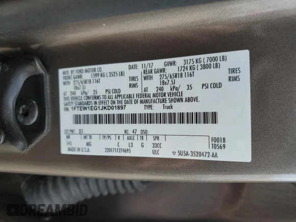 2018 Ford F-150 XL with VIN 1FTEW1EG1JKD01897, listed as a Copart auction lot 52923115 with 219,341 mi miles and Clean Title. Bid and sale history available at carsss.com. Image 12.