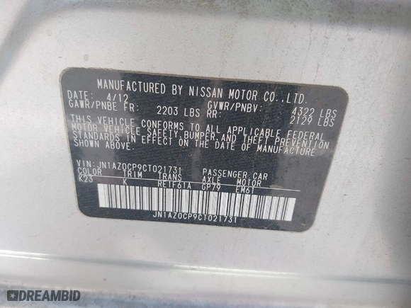 2012 Nissan LEAF SL with VIN JN1AZ0CP9CT021731, listed as a IAAI auction lot 41978898 with 33,198 mi miles. Bid and sale history available at carsss.com. Image 9.