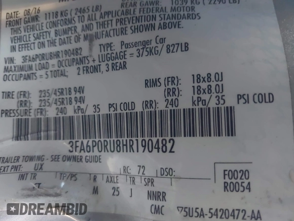 2017 Ford Fusion Hybrid Titanium with VIN 3FA6P0RU8HR190482, listed as a IAAI auction lot 41322244 with 137,539 mi miles and . Bid and sale history available at DreamBid. Image 9.