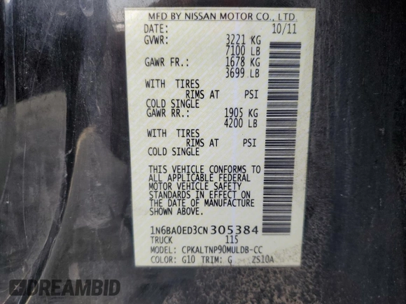 2012 Nissan Titan SV with VIN 1N6BA0ED3CN305384, listed as a Copart auction lot 56497905 with 331,174 mi miles and Salvage title. Bid and sale history available at DreamBid. Image 12.