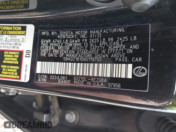 2022 Lexus ES 350 z VIN 58ADZ1B10NU119755, wystawiony jako IAAI lot #41855138 z przebiegiem 60 113 mil mil oraz . Historia ofert i sprzedaży dostępna na DreamBid. Obrazek 9.