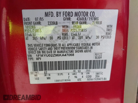 2006 Ford Escape XLS z VIN 1FMYU02Z96KA47068, wystawiony jako IAAI lot #42588037 z przebiegiem 139 581 mil mil oraz . Historia ofert i sprzedaży dostępna na DreamBid. Obrazek 9.